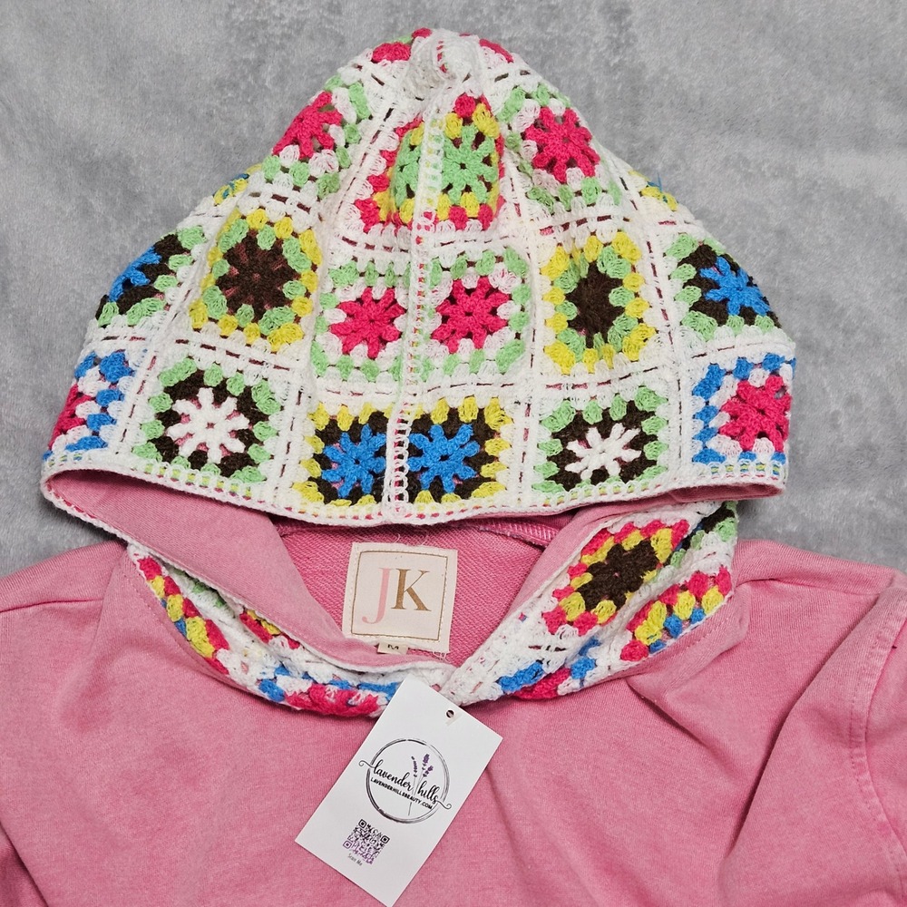 Boho Pink JK Acid Wash Oversized Hoodie Colorful Crochet Granny Square Hood NWT - Picture 5 of 10